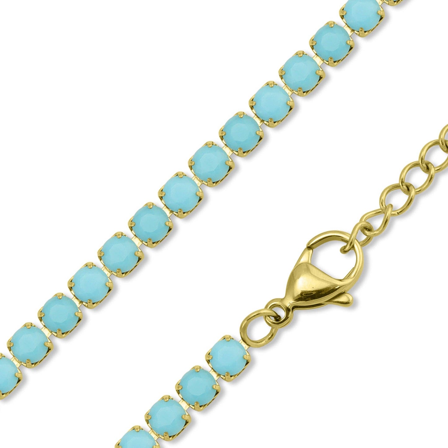 18k Gold PVD Coated Stainless Steel Waterproof Turquoise Rhinestone Tennis Necklace