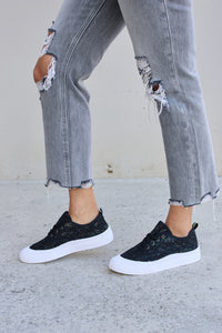 Sequin Lace-Up Platform Sneakers In Black