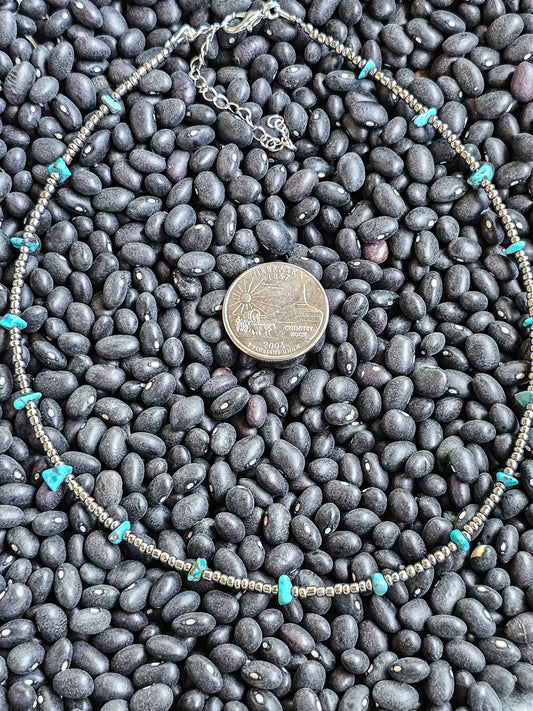 Genuine Turquoise Chips & Silver Beads Choker Necklace