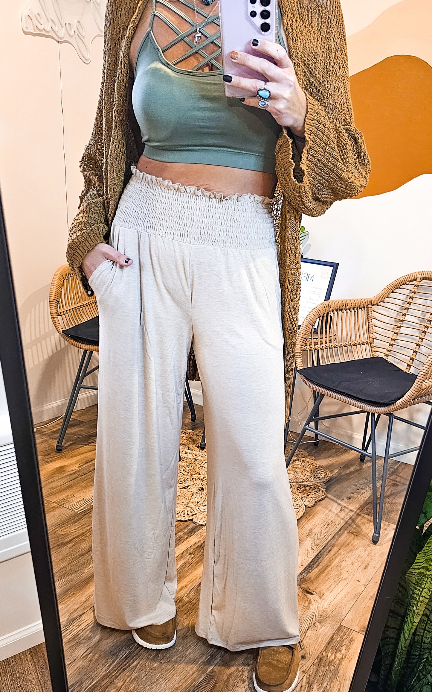 Studio|Boho Smocked Waistband Palazzo Pants In Heather Beige