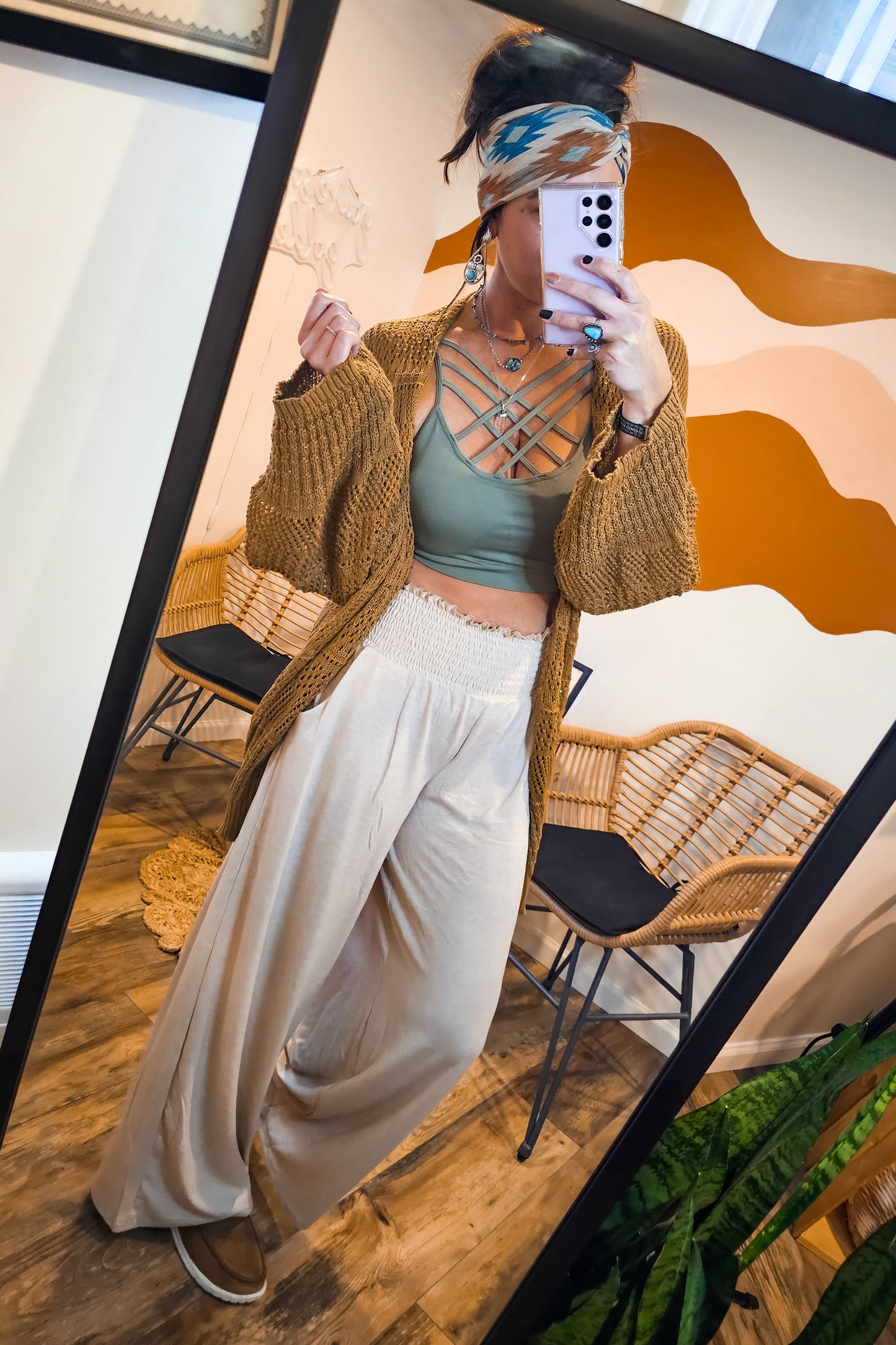 Studio|Boho Smocked Waistband Palazzo Pants In Heather Beige