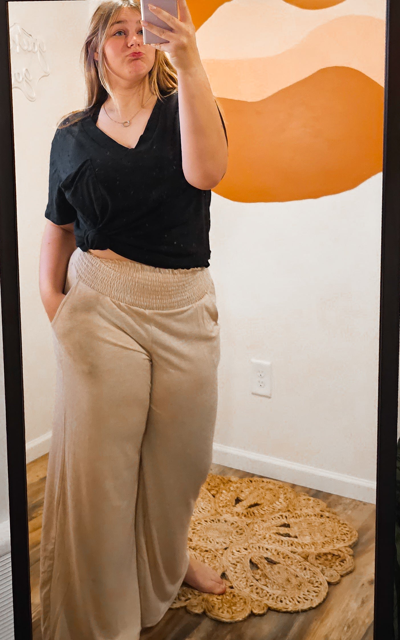 Studio|Boho Smocked Waistband Palazzo Pants In Heather Beige