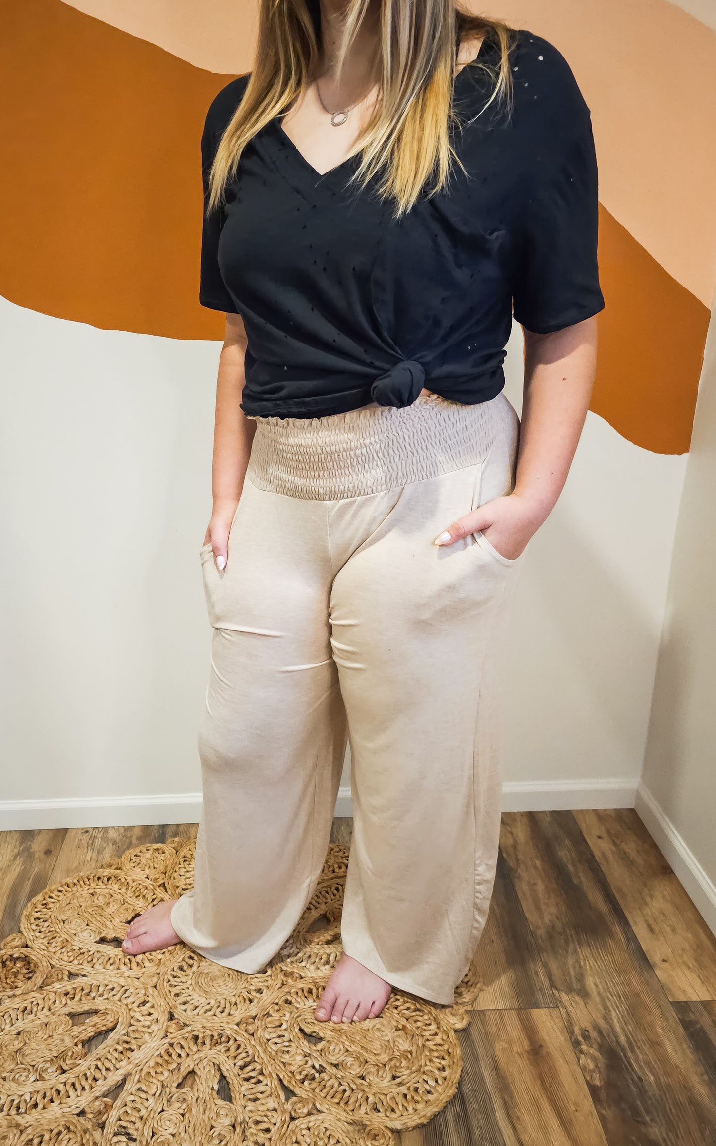 Studio|Boho Smocked Waistband Palazzo Pants In Heather Beige