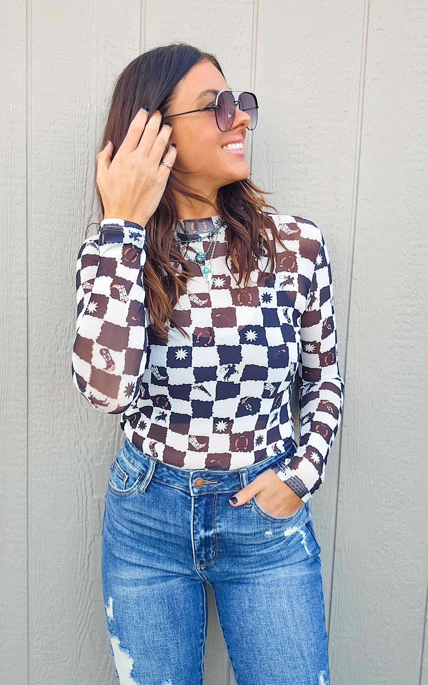 Studio|Black Checkered Queen Me Long Sleeve Mesh Top