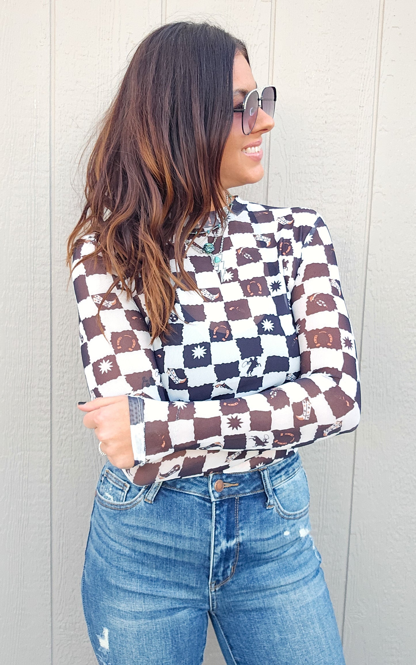 Studio|Black Checkered Queen Me Long Sleeve Mesh Top