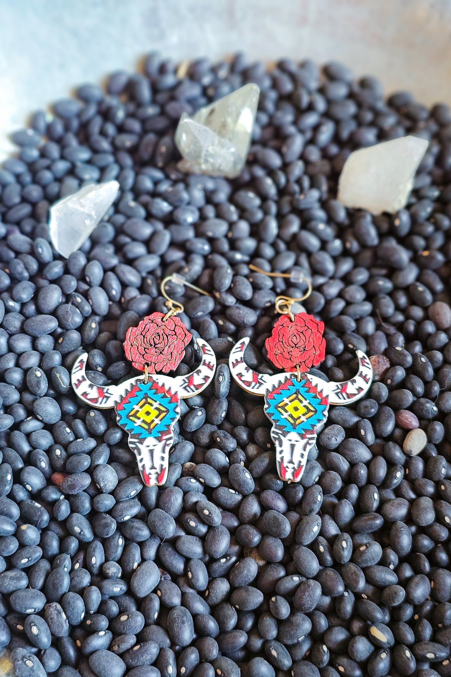 Western Romance Rose Cow Skull Earrings