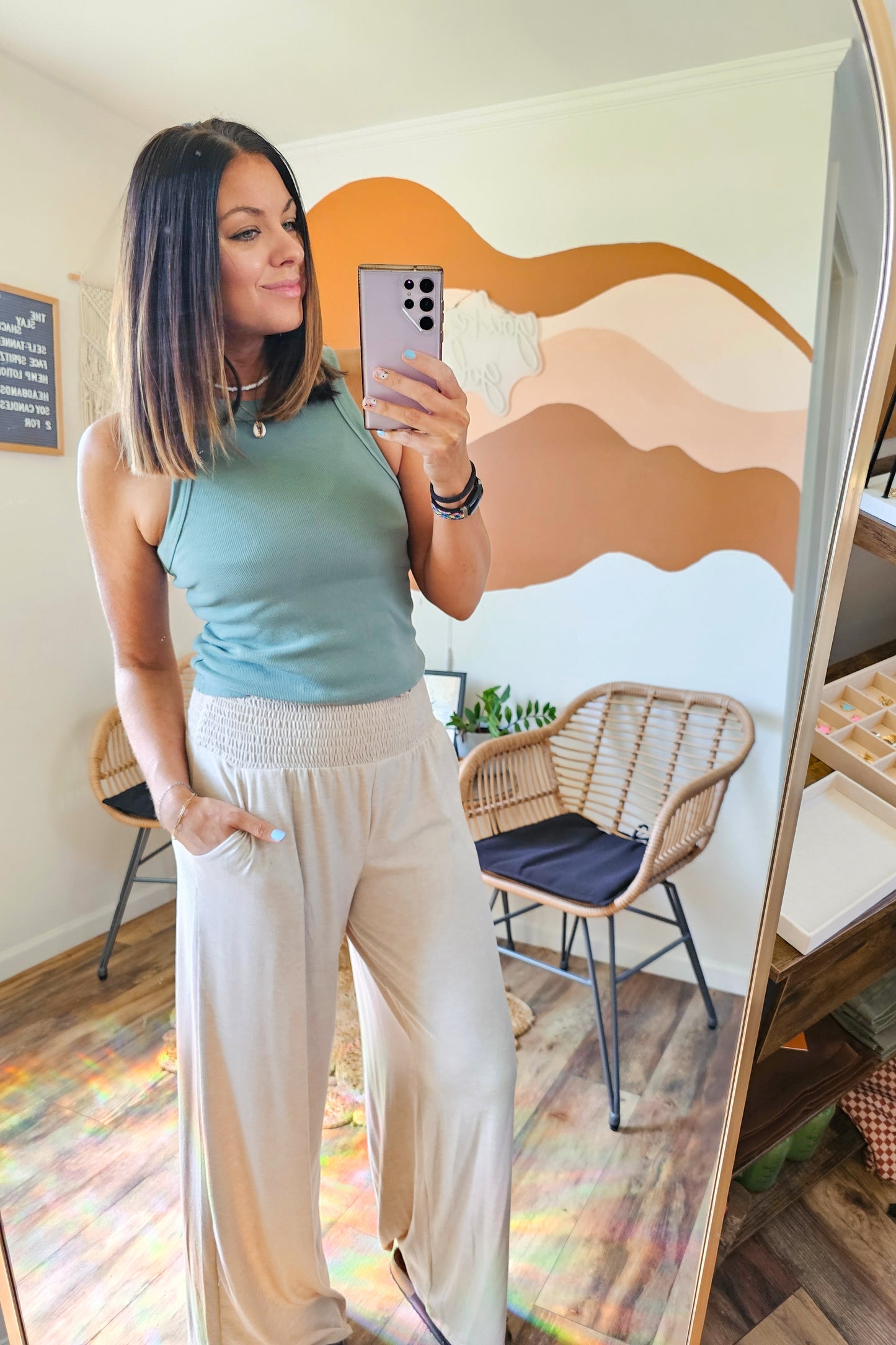 Studio|Boho Smocked Waistband Palazzo Pants In Heather Beige