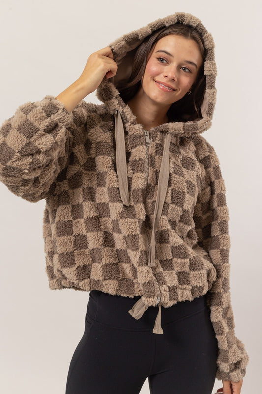 Warehouse|Check It Zip-Up Sherpa Checkered Hooded Jacket In Mocha