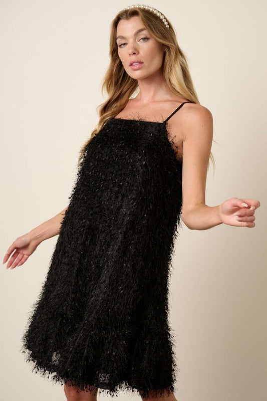 Warehouse|Little Black Feather Ruffle Hem Mini Cami Dress