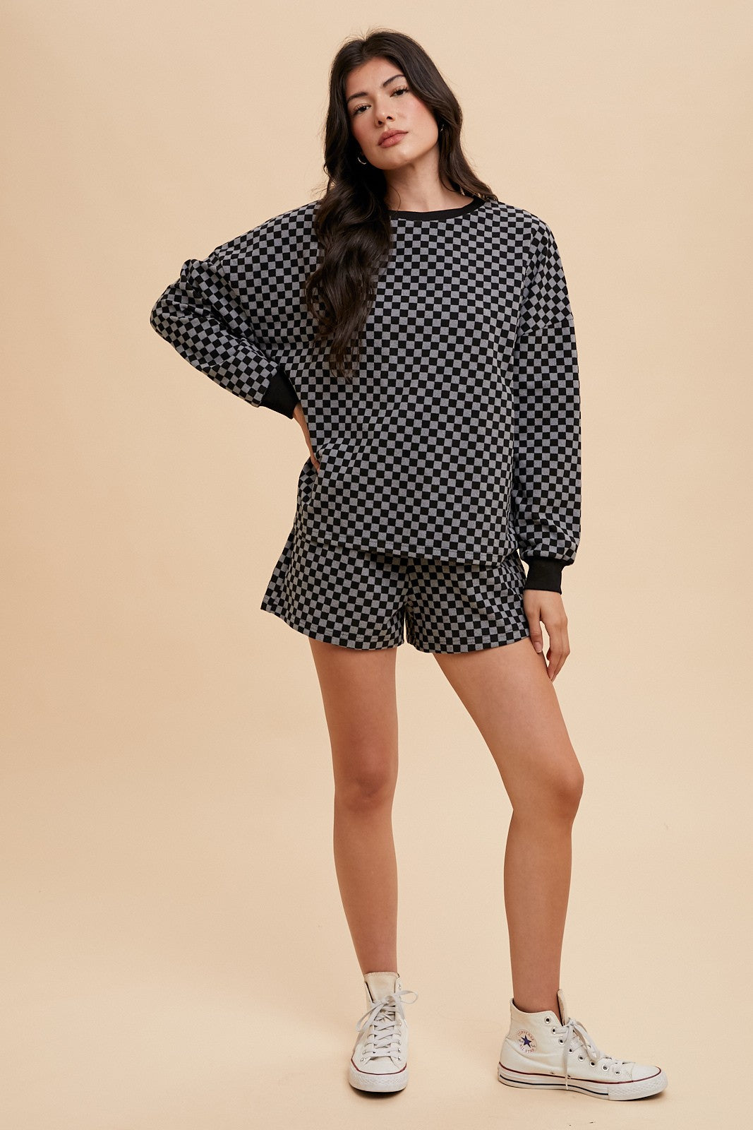 Warehouse| Checkered Round Neck Top and Drawstring Shorts Set