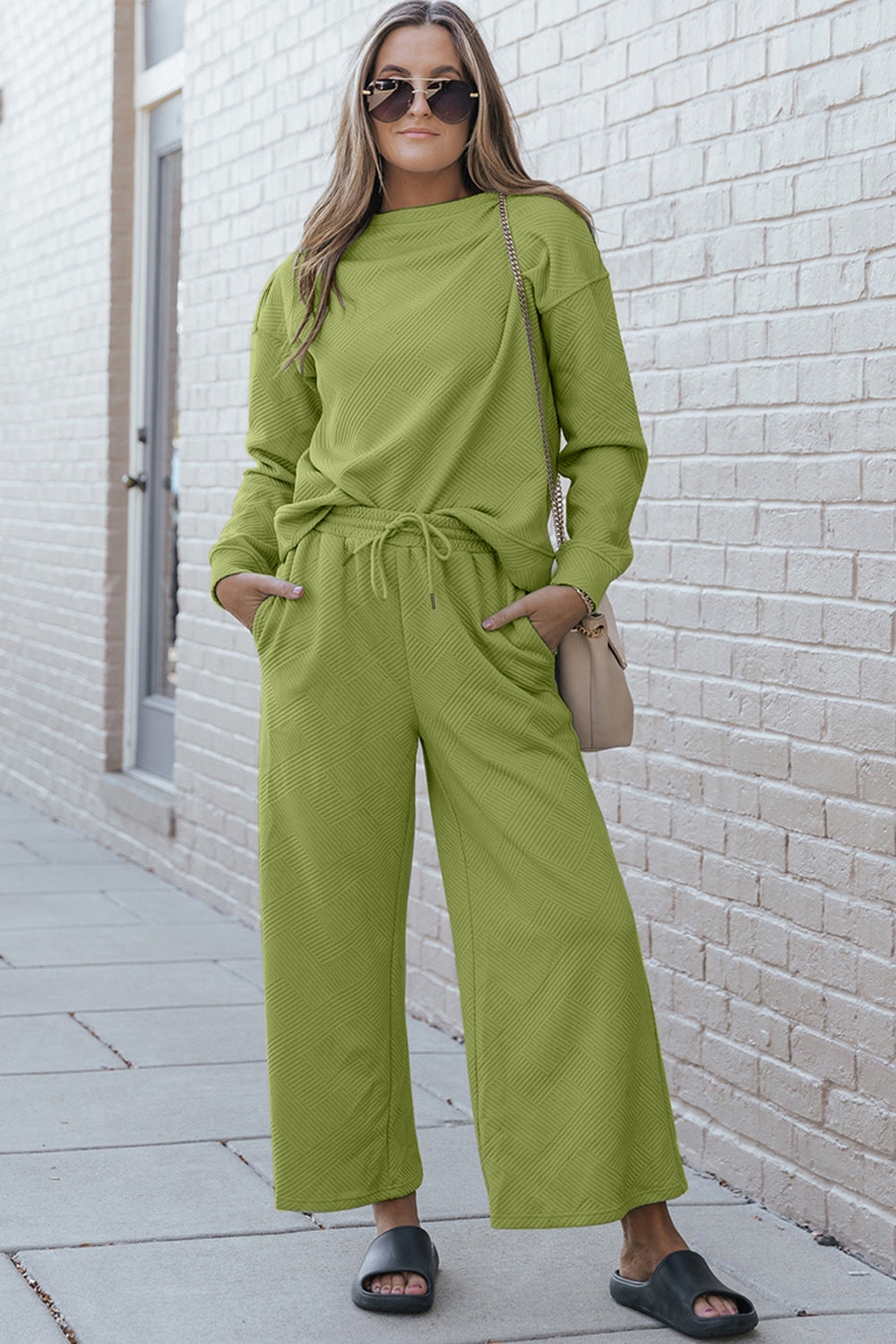 Warehouse|Textured Long Sleeve Top and Drawstring Pants Set In Multiple Colors