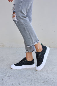 Sequin Lace-Up Platform Sneakers In Black