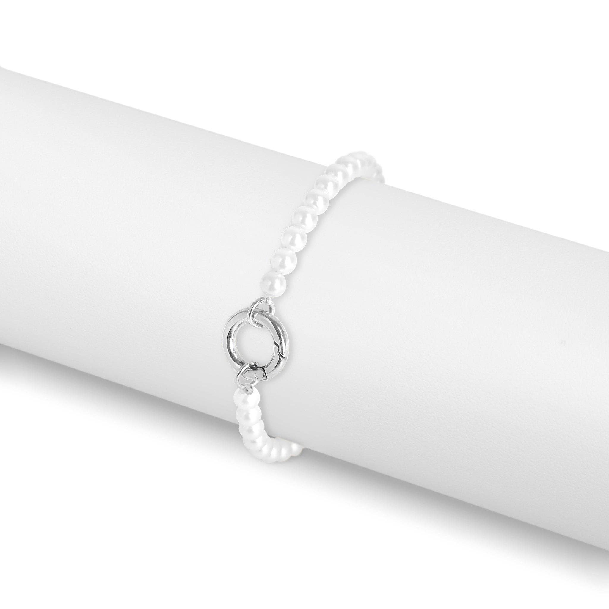 6.5" Glass Pearl Bracelet with Stainless Steel Charm Keeper