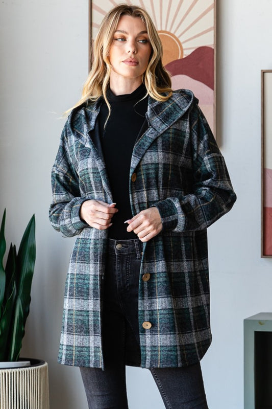 Heimish Plaid Button Down Long Sleeve Hooded Cardigan