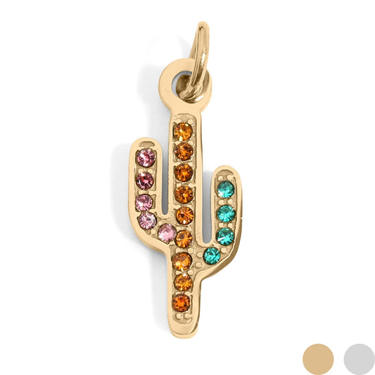 18K Gold PVD Stainless Steel Cactus with CZ Stone Charm