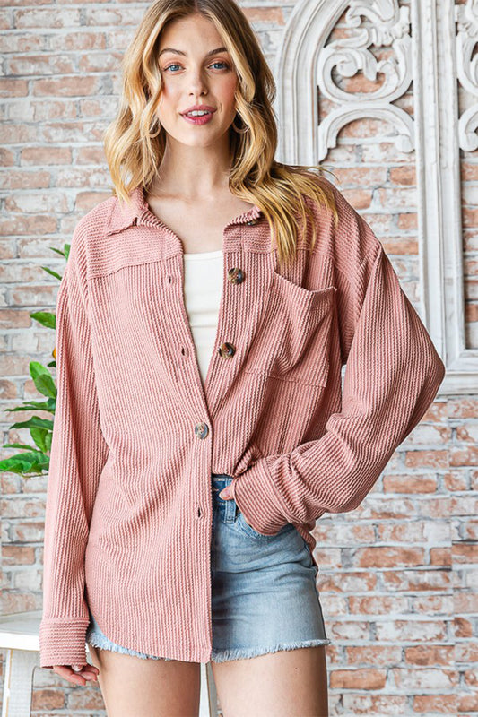 Button Up Long Sleeve Shacket In Peach