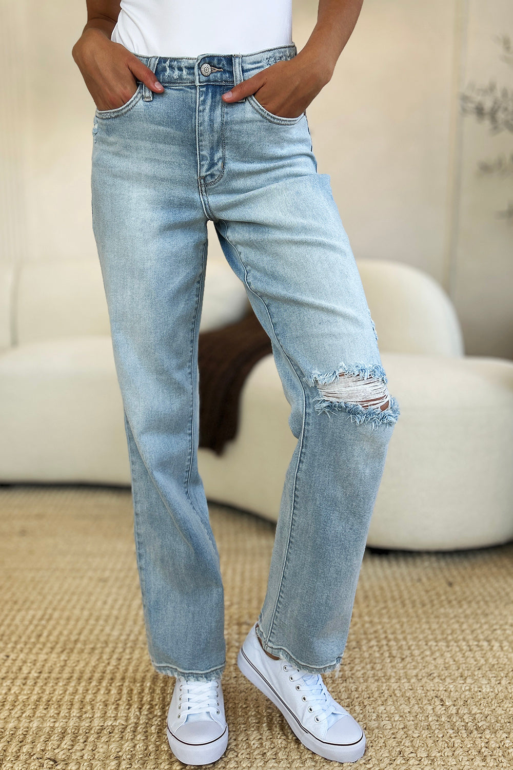 Warehouse|Judy Blue High Waist Distressed Straight Jeans