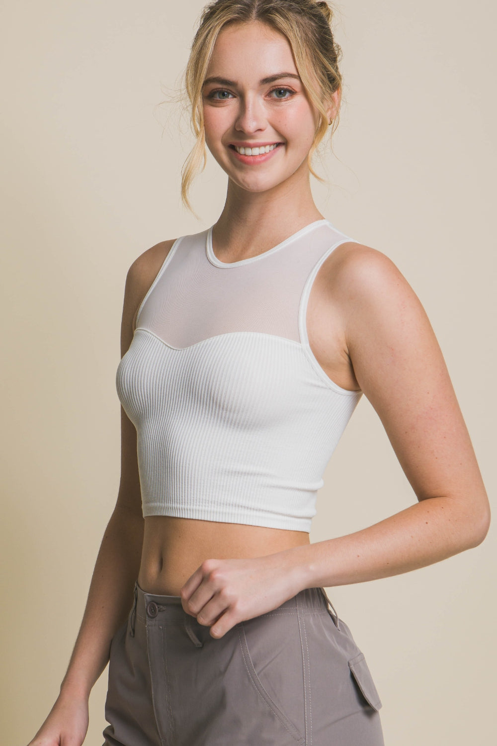 Nashville Round Neck Ribbed Cropped Mesh Tank In Off White