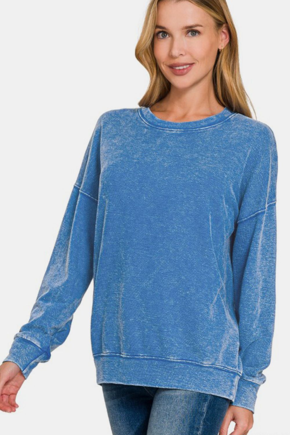 Warehouse| Basic Washed Round Neck Dropped Shoulder Sweatshirt