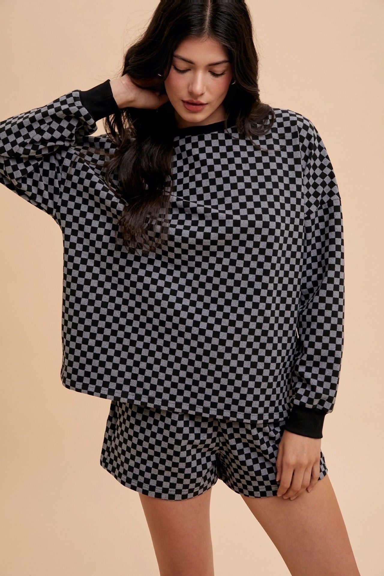 Warehouse| Checkered Round Neck Top and Drawstring Shorts Set