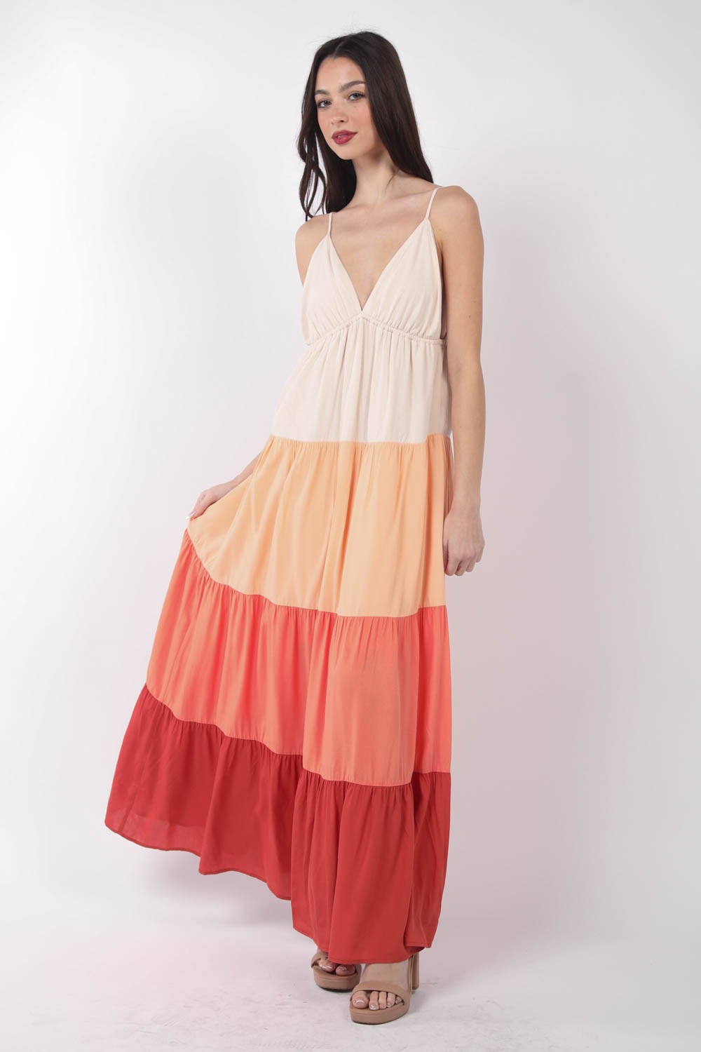 Sunset Color Block Tiered Maxi Cami Dress