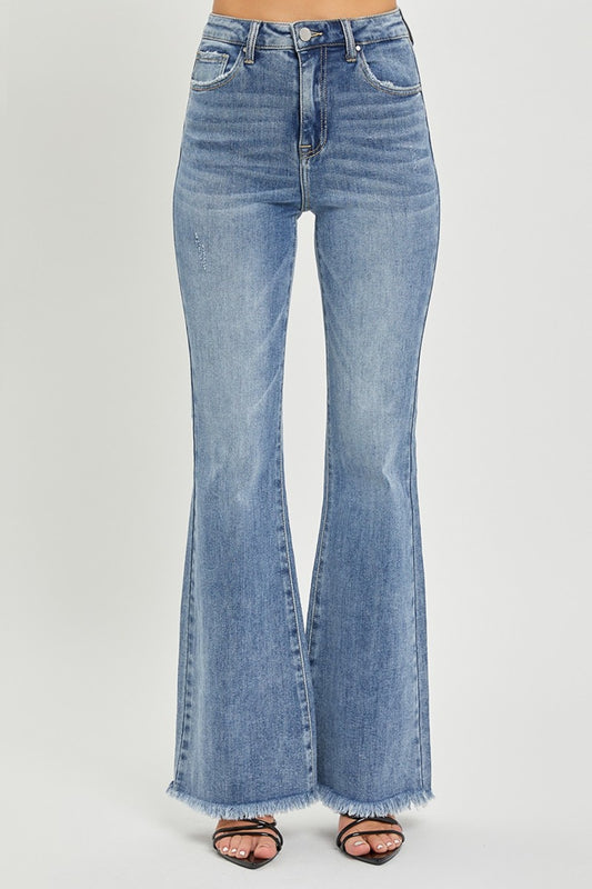 Warehouse|RISEN High Waist Raw Hem Flare Jeans