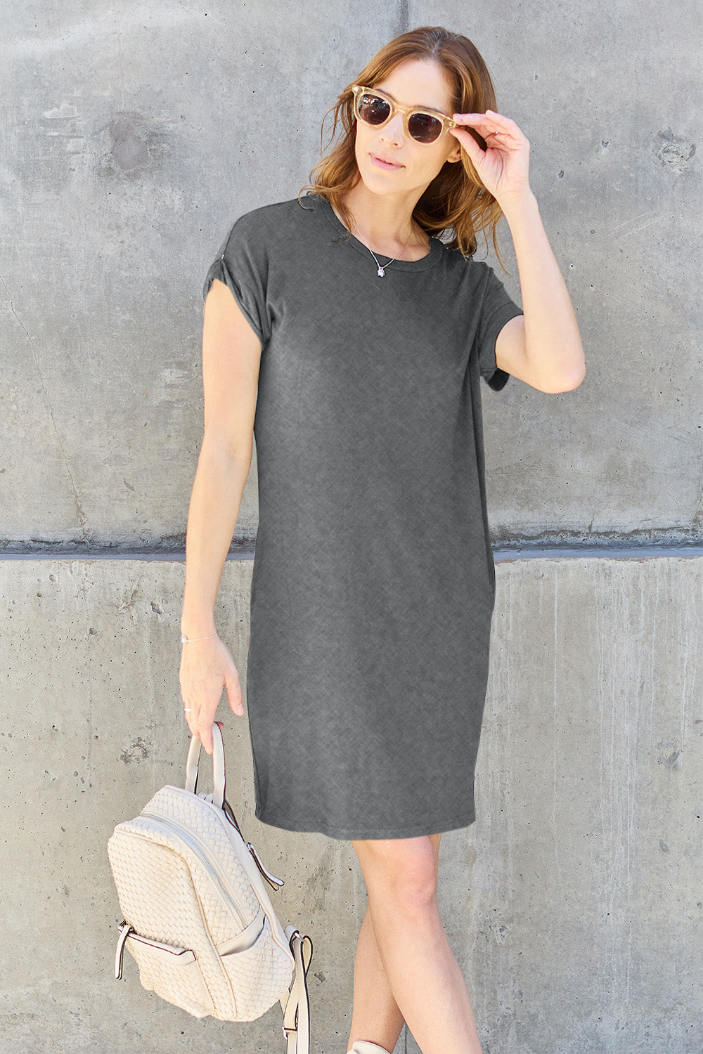 Lazy Afternoon Basic Round Neck Short Sleeve Dress with Pockets In Multiple Colors