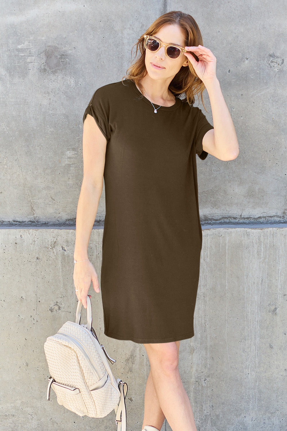 Lazy Afternoon Basic Round Neck Short Sleeve Dress with Pockets In Multiple Colors