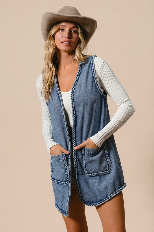 Warehouse|Braided Trim Open Front Denim Vest with Pockets