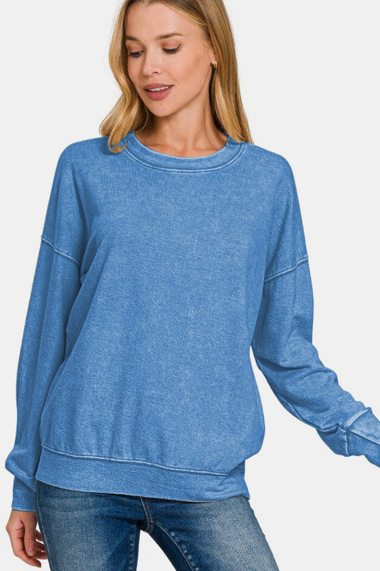 Warehouse| Basic Washed Round Neck Dropped Shoulder Sweatshirt