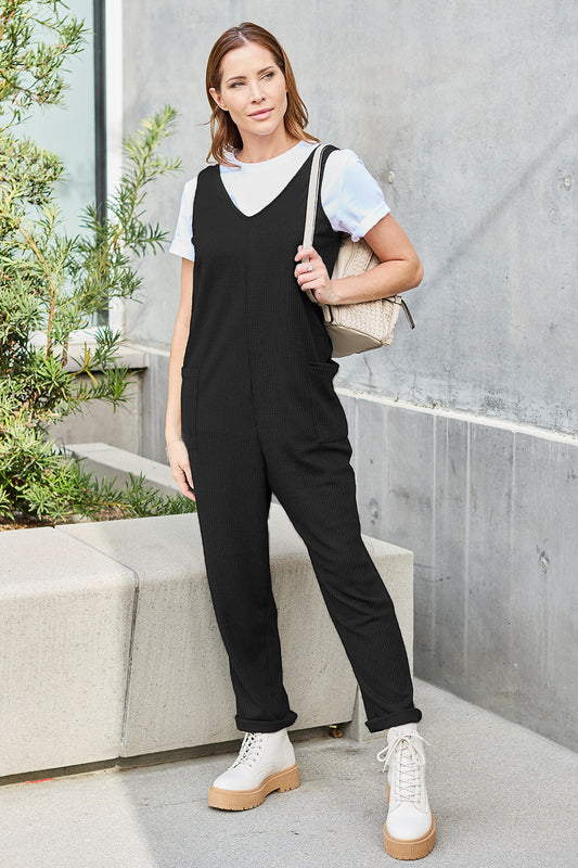 Warehouse|Waffle Knit Sleeveless Straight Jumpsuit