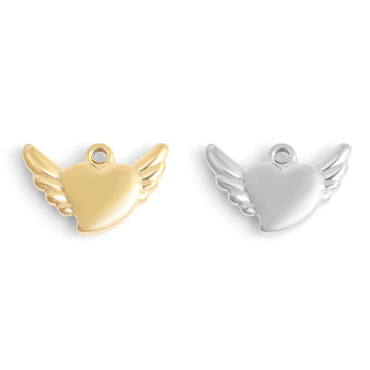 18K Gold PVD Stainless Steel Heart With Angel Wings Charm