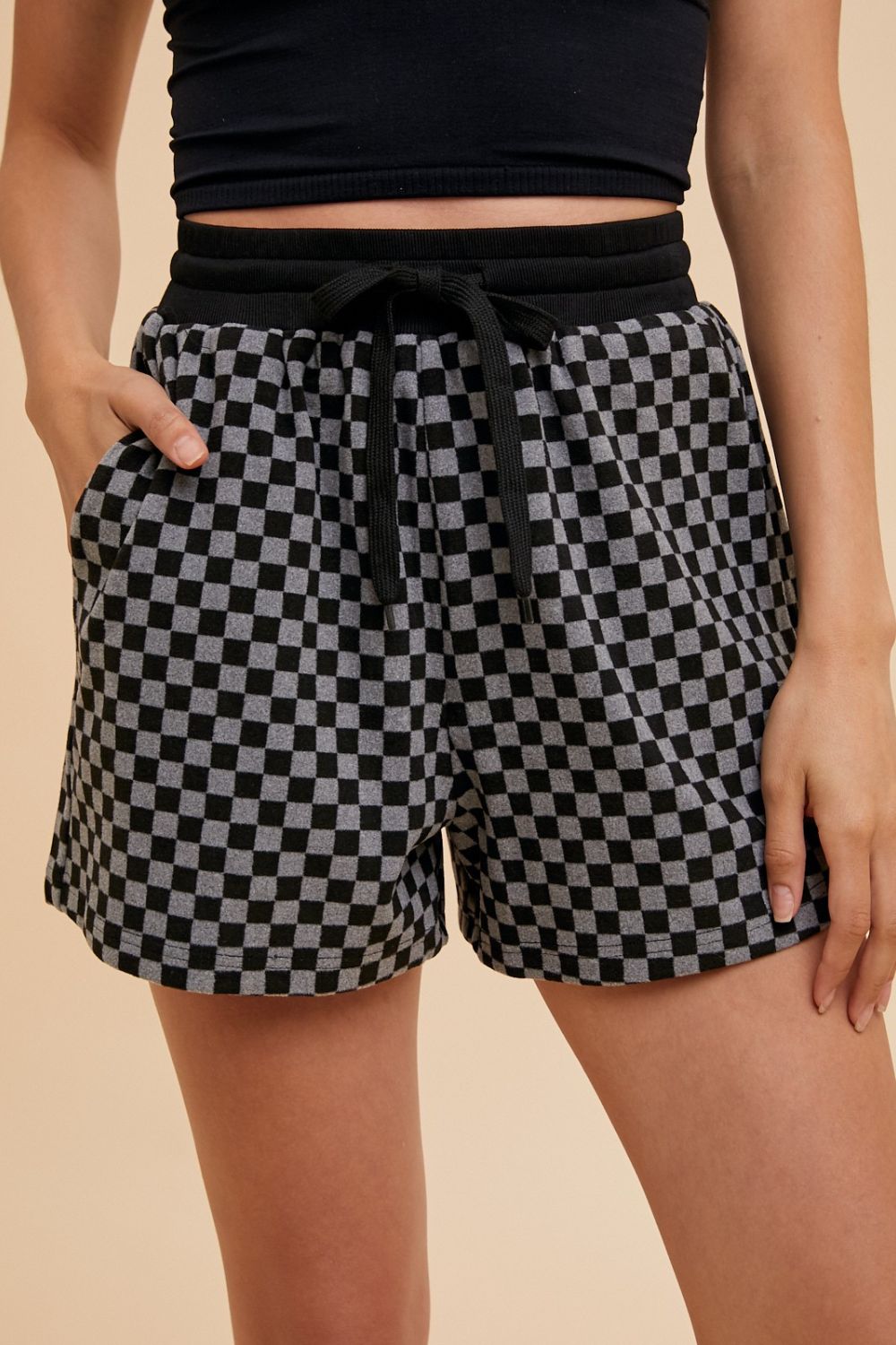 Warehouse| Checkered Round Neck Top and Drawstring Shorts Set