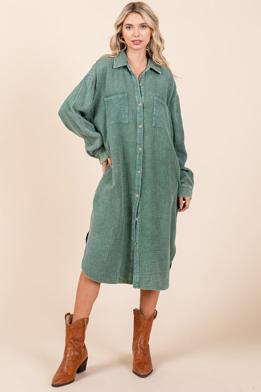 Warehouse|Calamity Jane Mineral Wash Cotton Gauze Midi Shirt Dress In Pine