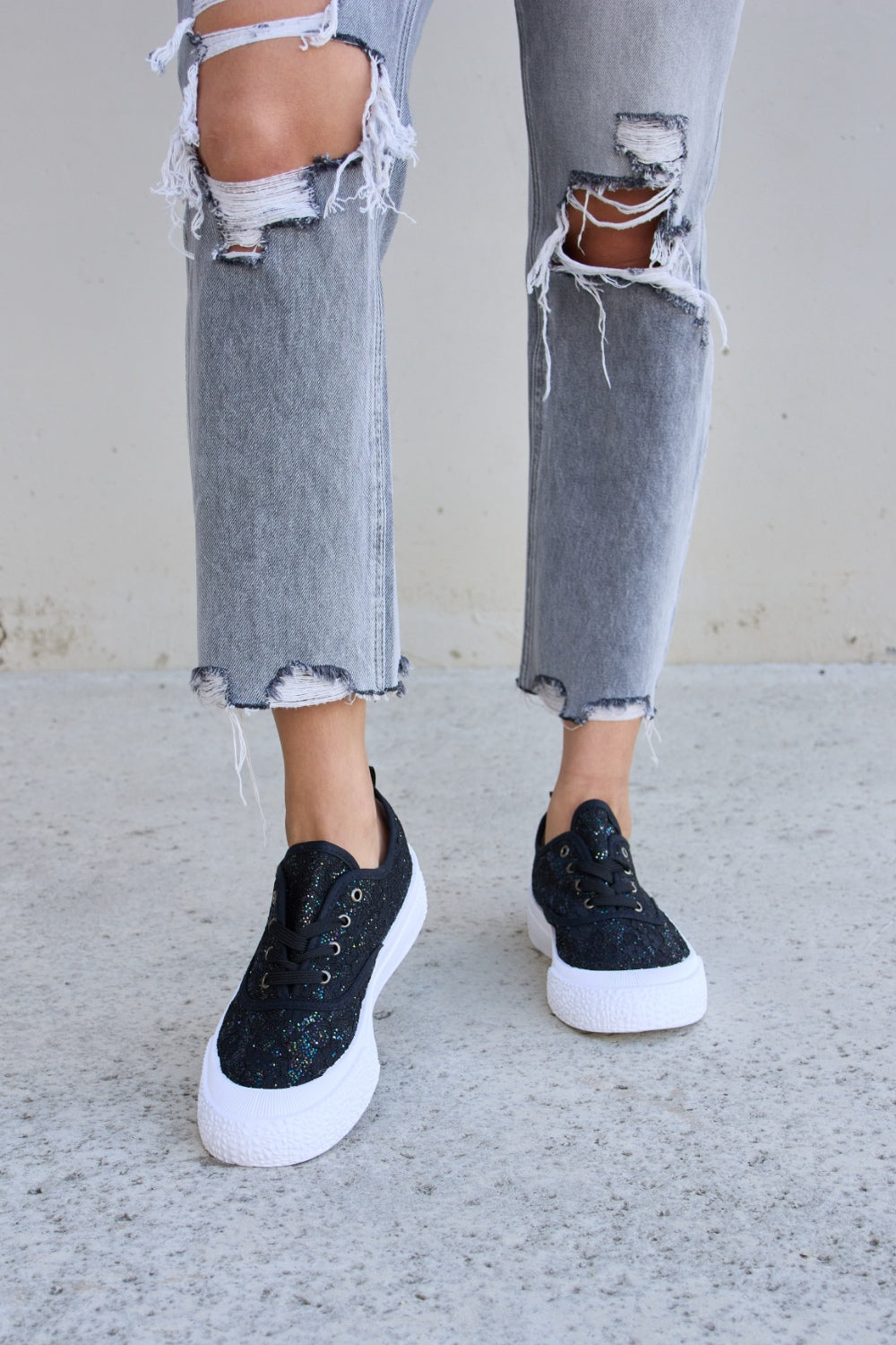 Sequin Lace-Up Platform Sneakers In Black