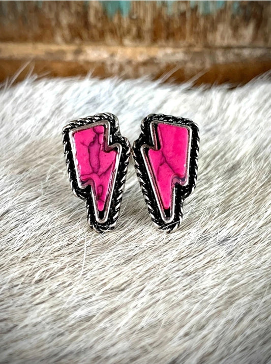 Silver Rope Pink Marble Lightning Bolt Earrings