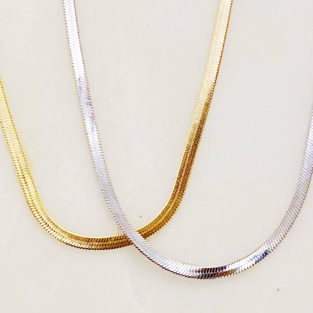 Simple Herringbone Waterproof Chain Necklace 18K Gold Plated