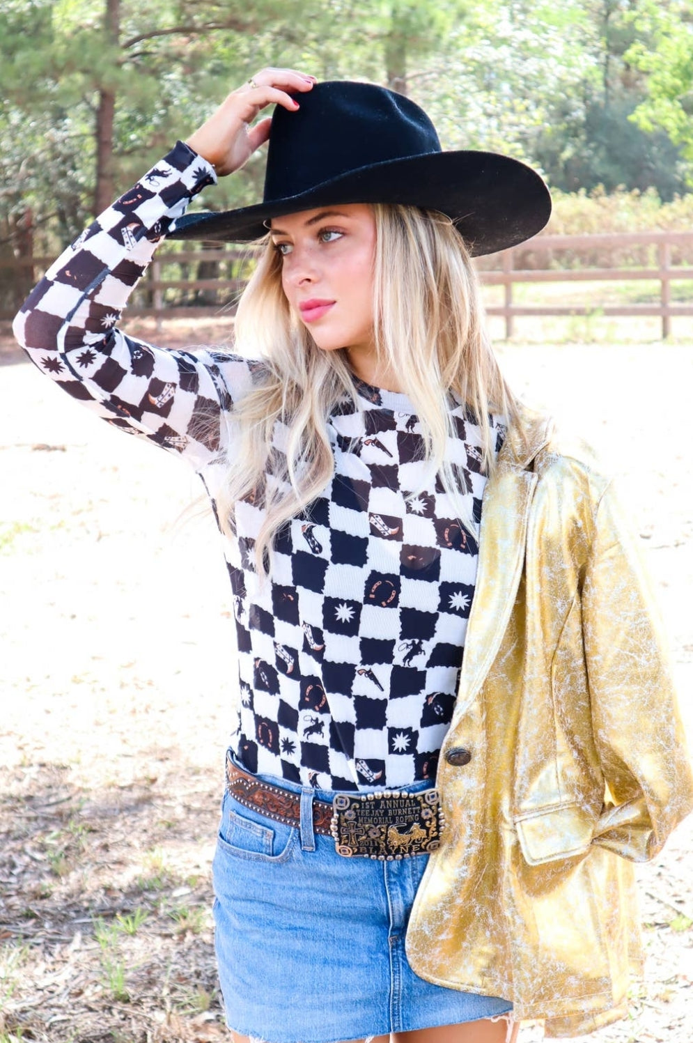 Studio|Black Checkered Queen Me Long Sleeve Mesh Top