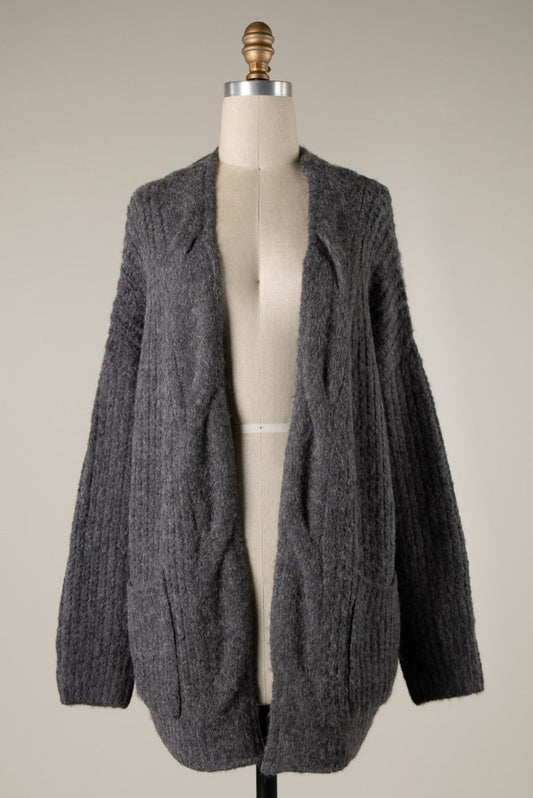 Studio|Cozy Twist Braid Cable Knit Cardigan In Charcoal