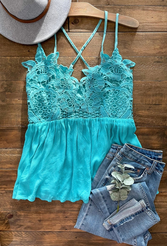 Studio|Blakeley Grace Lace Tank Top In Turquoise