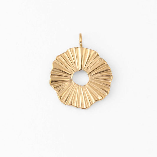 18K Gold PVD Stainless Steel Textured Sunburst Circle Charm