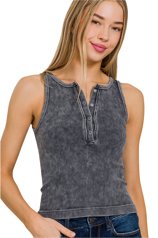 Zenana Washed Ribbed Half Snap Seamless Tank