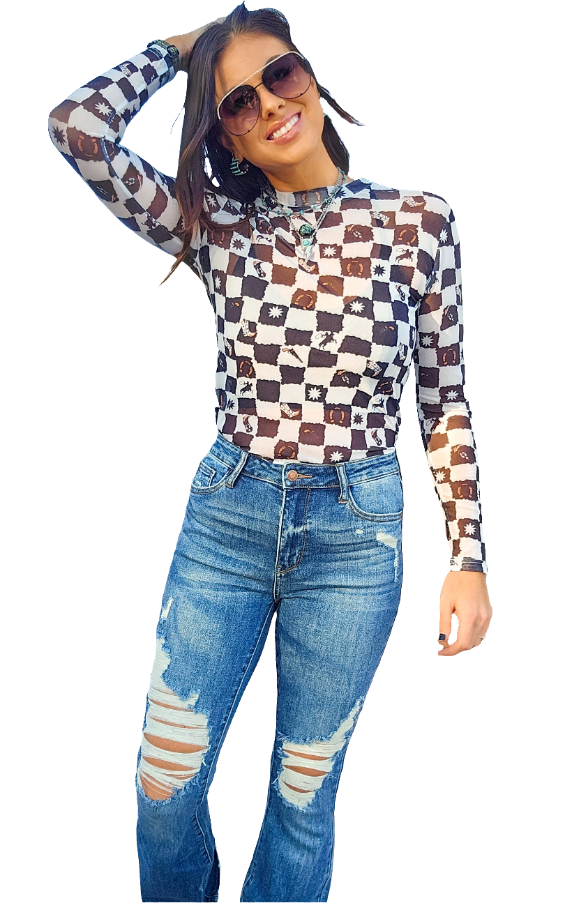 Studio|Black Checkered Queen Me Long Sleeve Mesh Top