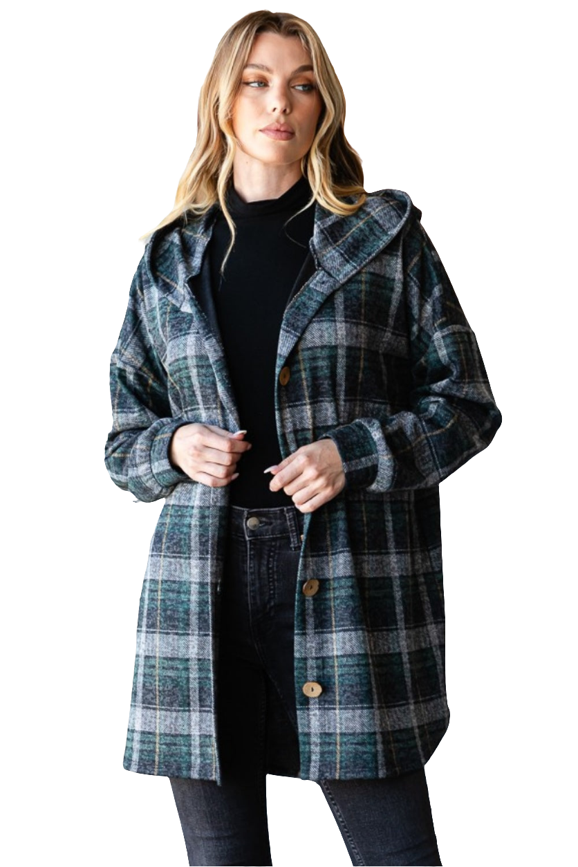 Heimish Plaid Button Down Long Sleeve Hooded Cardigan