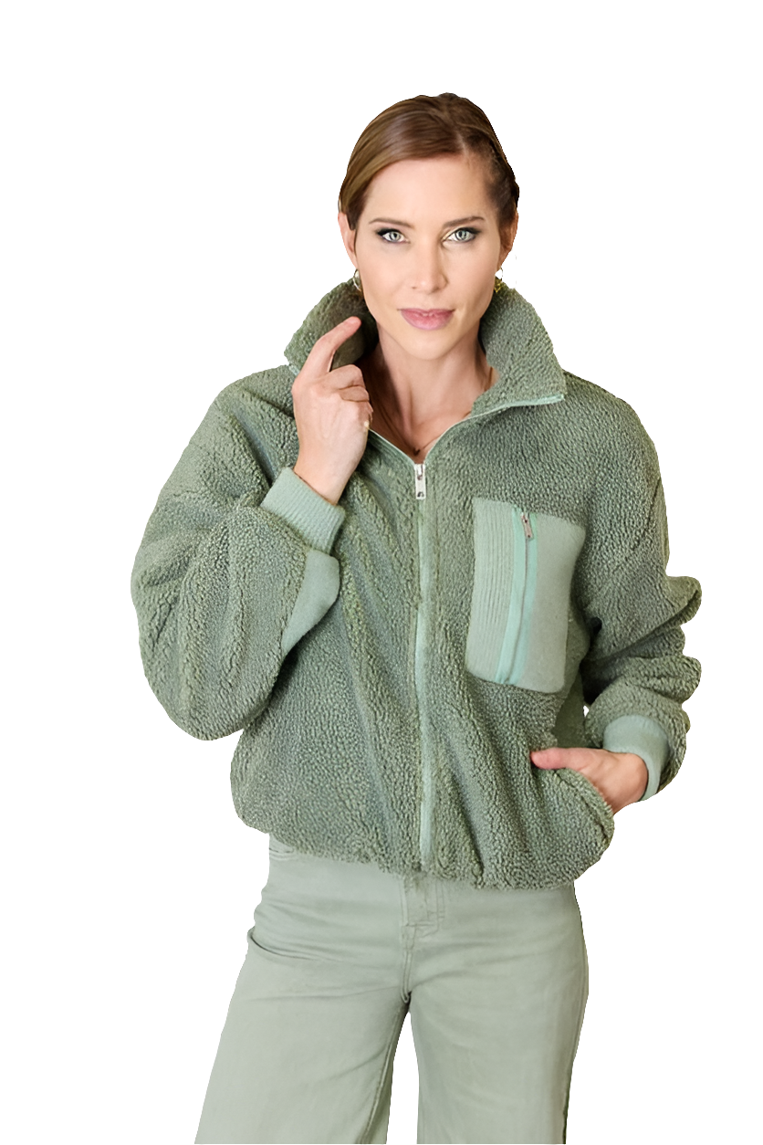 Stay Cozy Zip Up Collared Neck Sherpa Jacket In Sage