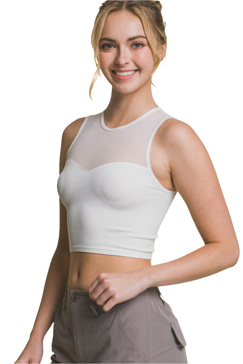 Nashville Round Neck Ribbed Cropped Mesh Tank In Off White