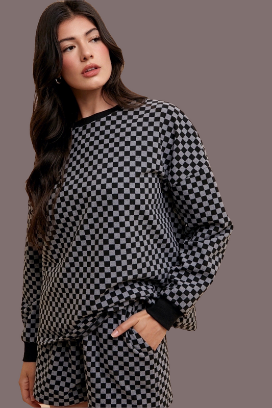 Warehouse| Checkered Round Neck Top and Drawstring Shorts Set