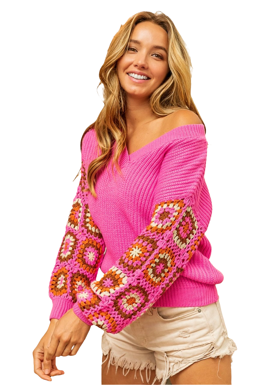 BiBi V-Neck Granny Crochet Long Sleeve Sweater In Fuchsia