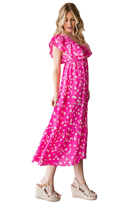 Printed V-Neck Ruffle Trim Tiered Midi Dress In Fuchsia