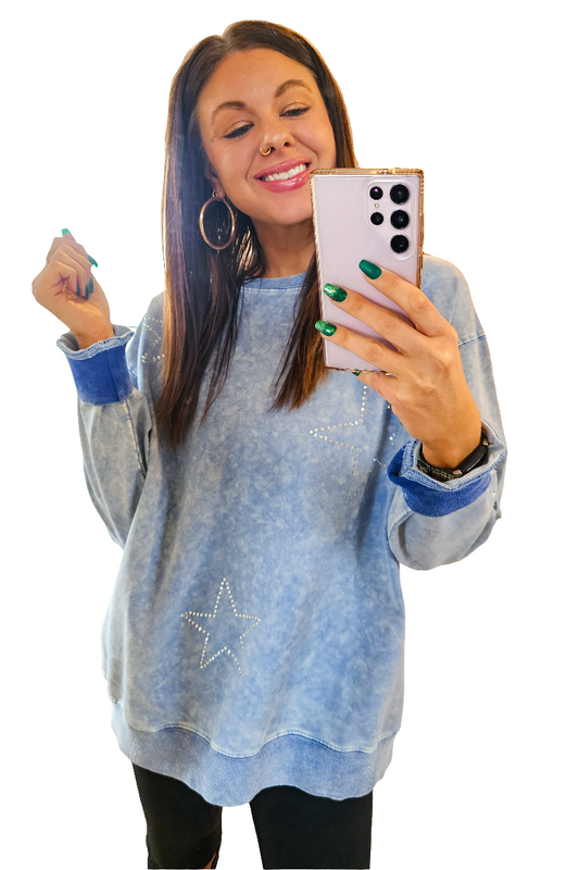 Studio|Rhinestone Star Blue Sweatshirt